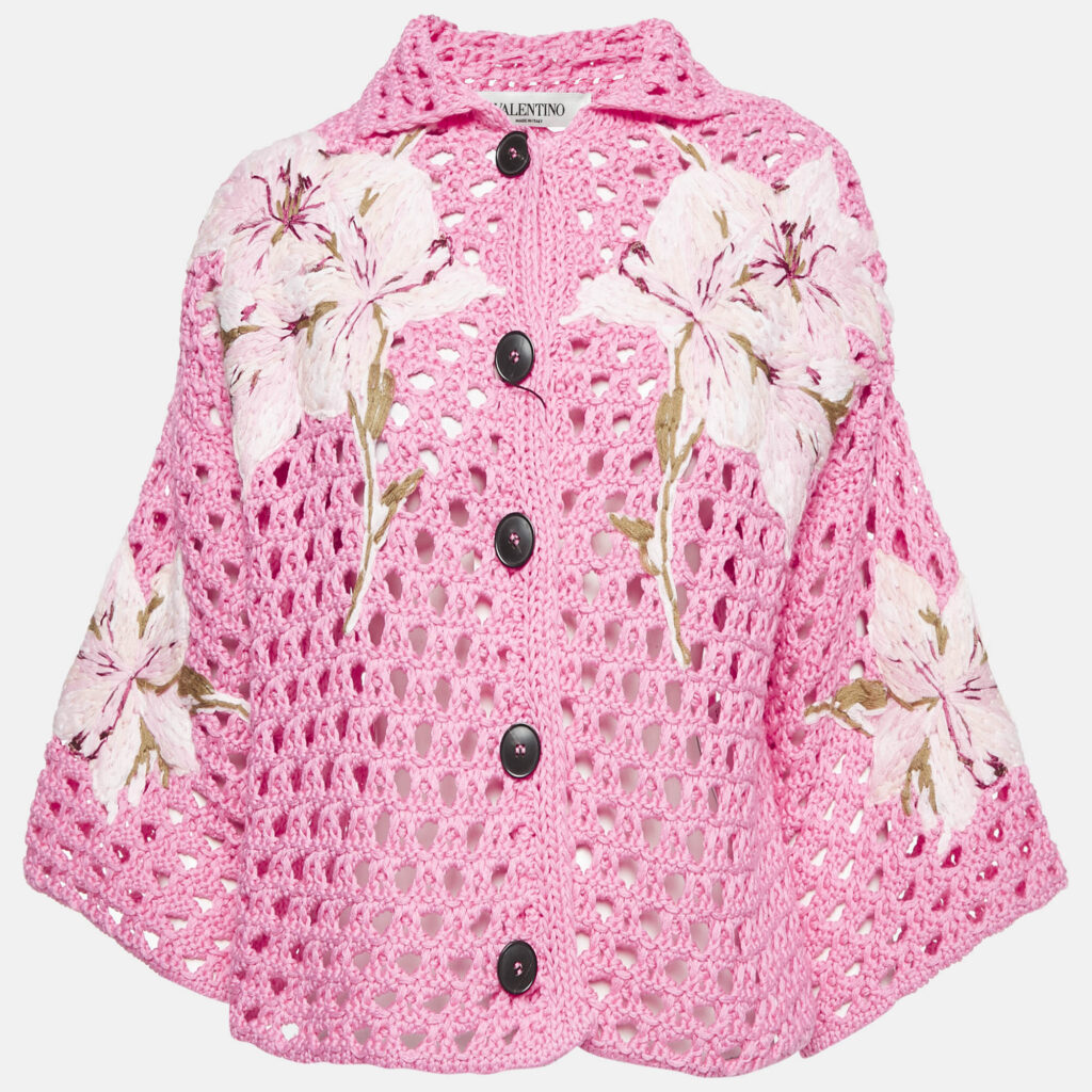 luxury-women-valentino-used-clothes-p1142301-008 Valentino Pink Floral Embroidered Crochet Short Sleeve Cardigan S