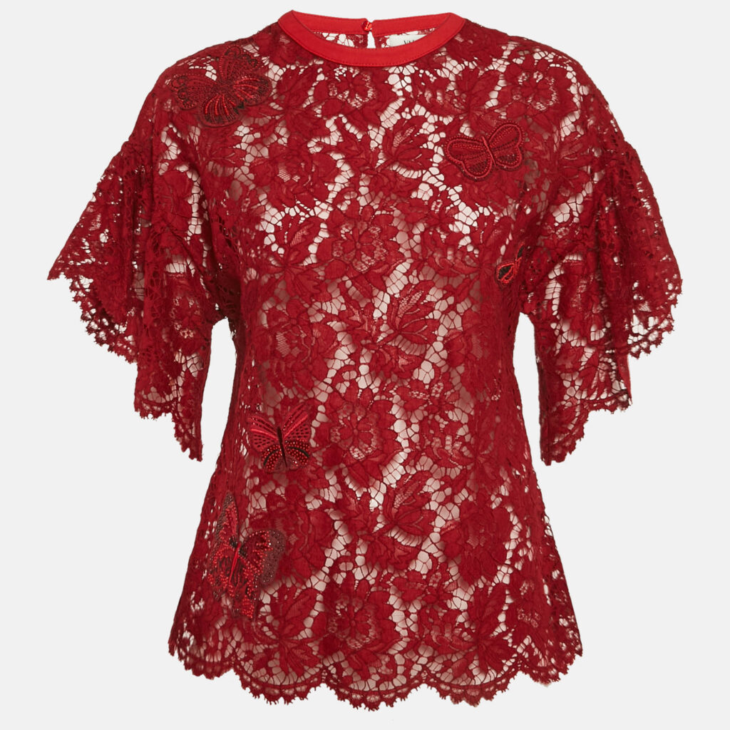 luxury-women-valentino-used-clothes-p1146327-001 Valentino Red Butterfly Applique Lace Sheer Top S
