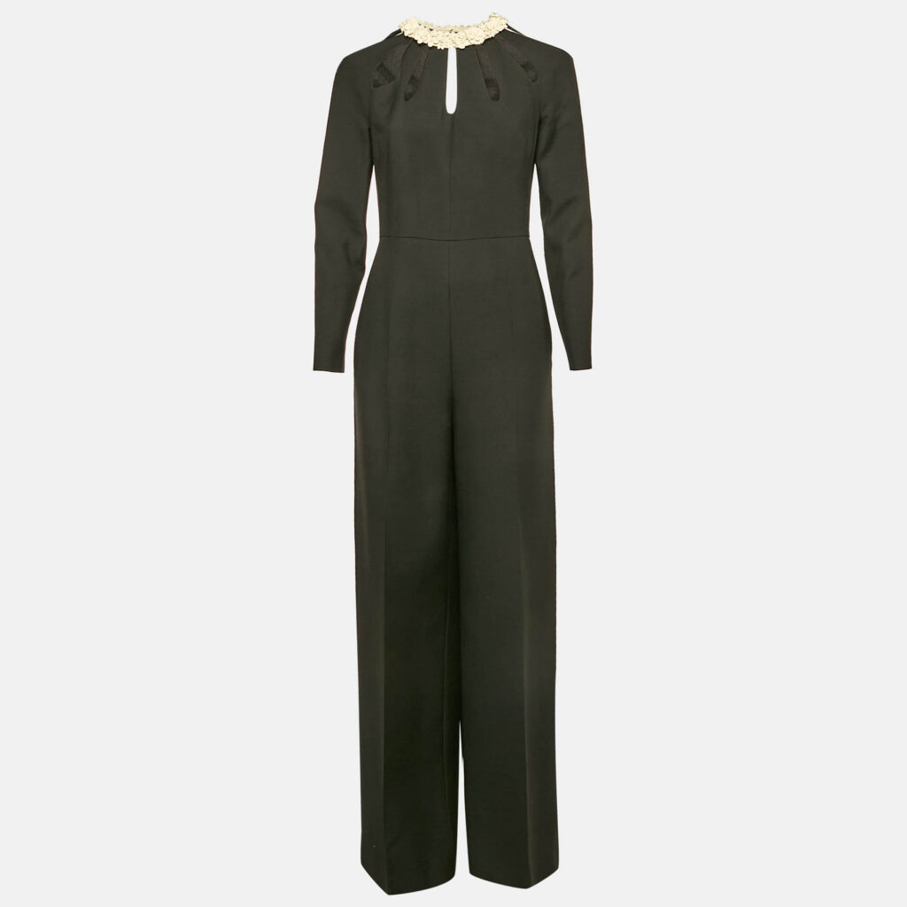 luxury-women-valentino-used-clothes-p1155236-002 Valentino Black Wool Blend Leather Applique Detail Jumpsuit M