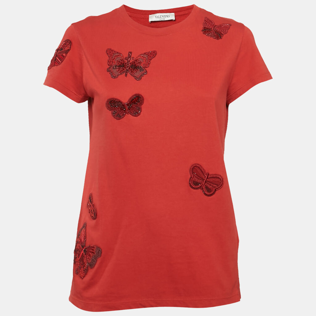 luxury-women-valentino-used-clothes-p1168671-002 Valentino Red Cotton Butterfly Appliqued T-Shirt S