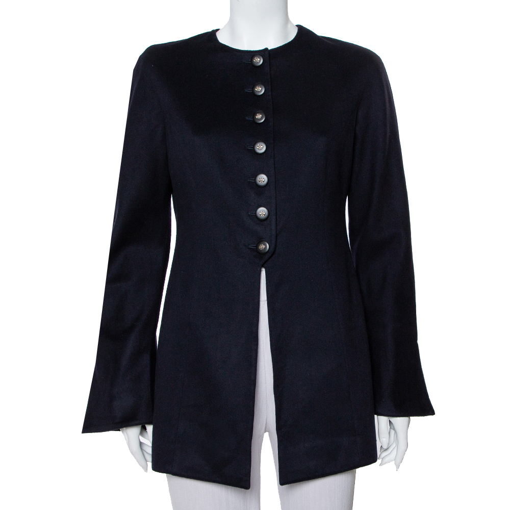 luxury-women-valentino-used-clothes-p416334-002 Valentino Boutique Midnight Blue Cashmere Button Front Collarless Vintage Jacket L