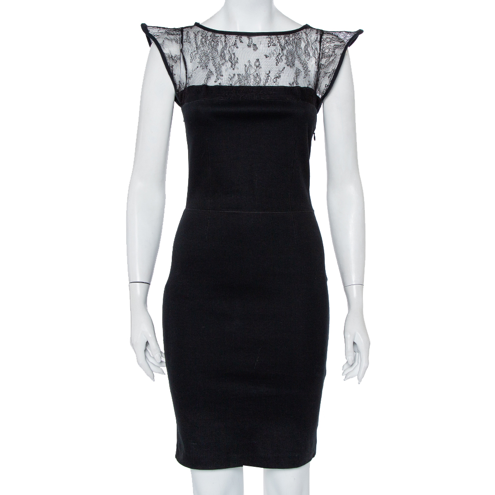 luxury-women-valentino-used-clothes-p445832-002 Valentino Black Knit & Lace Paneled Sheath Dress M