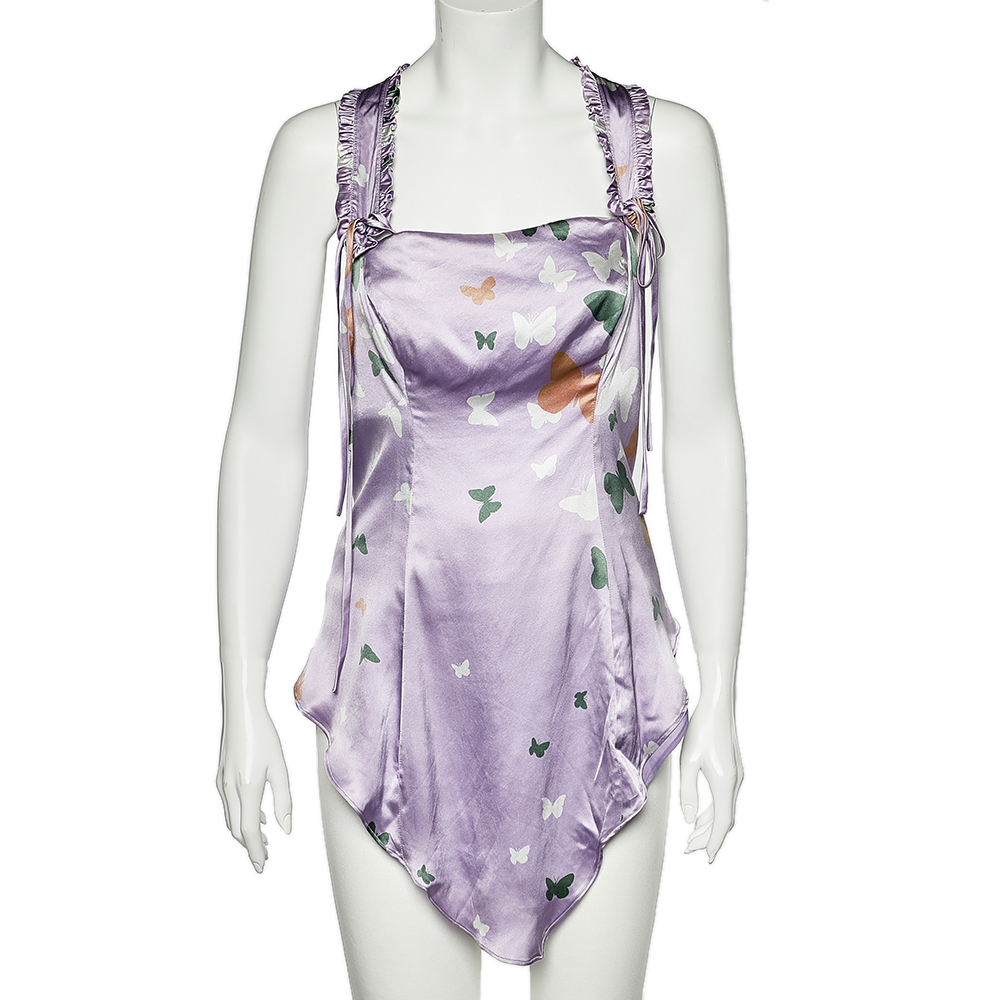 luxury-women-valentino-used-clothes-p542450-001-2 Valentino Lilac Butterfly Printed Silk Satin Asymmetric Hem Camisole M