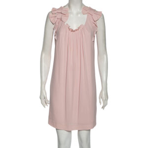 Valentino Pink Chiffon Bow Applique Pleated Yolk Detailed Shift Dress M