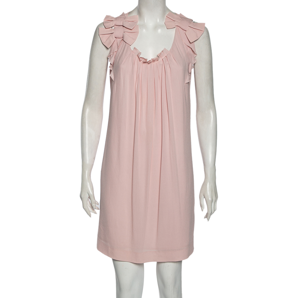 luxury-women-valentino-used-clothes-p543187-004-1 Valentino Pink Chiffon Bow Applique Pleated Yolk Detailed Shift Dress M