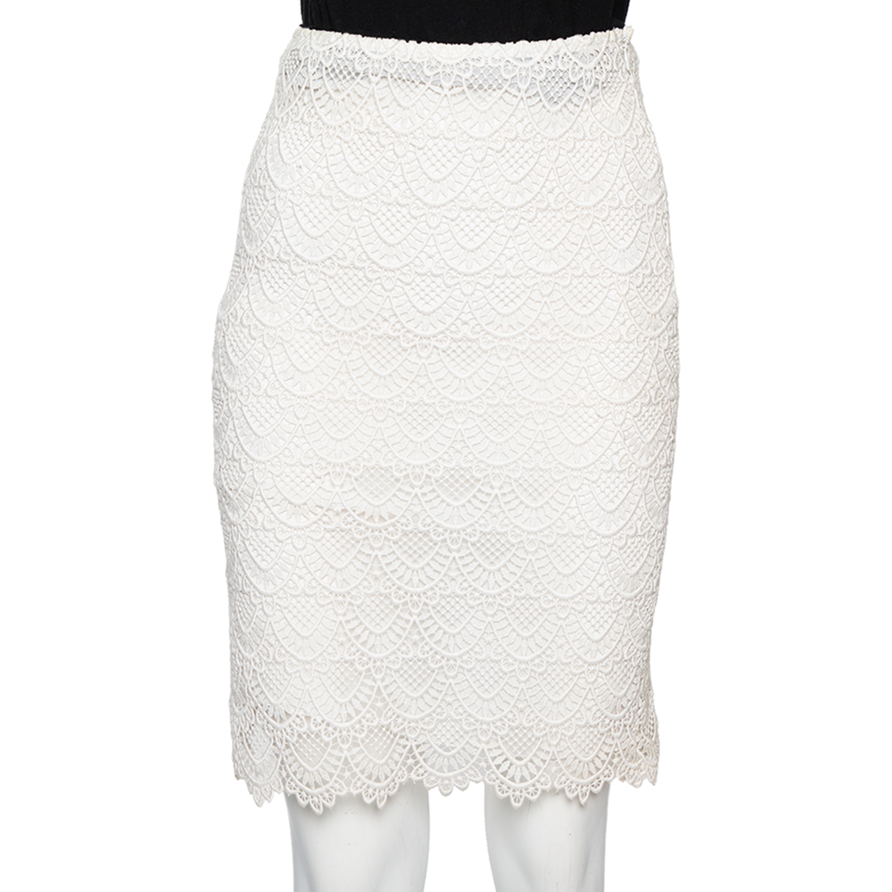 luxury-women-valentino-used-clothes-p558405-001-2 Valentino Off-White Guipure Lace Knee Length Skirt M