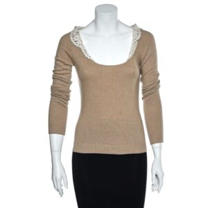 Valentino Vintage Beige Wool & Cashmere Lace Trim Detail Top S