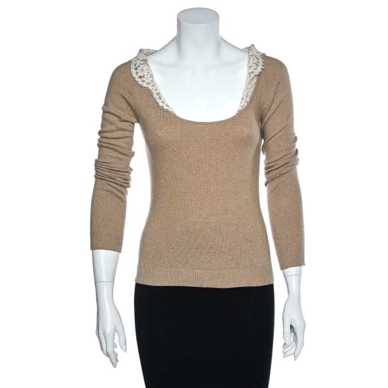 luxury-women-valentino-used-clothes-p564350-1640068570-007 Valentino Vintage Beige Wool & Cashmere Lace Trim Detail Top S