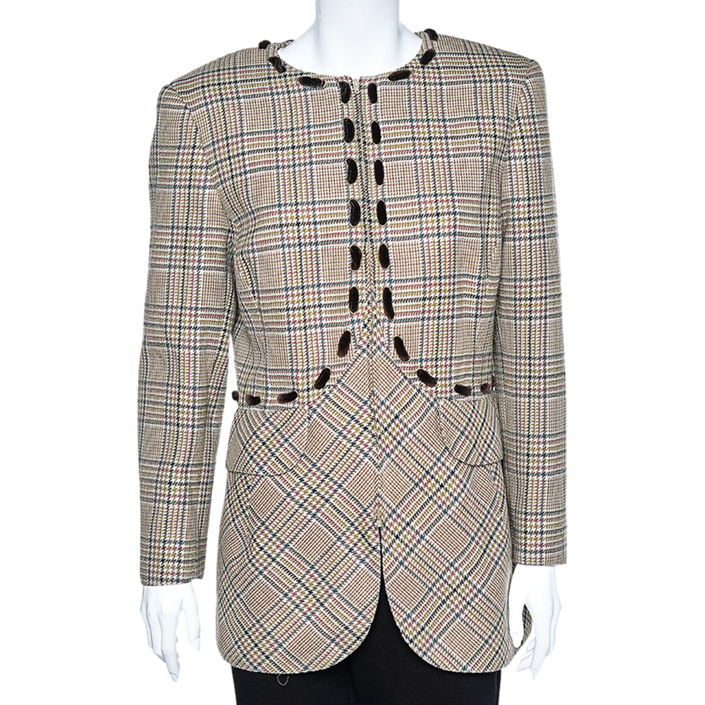 luxury-women-valentino-used-clothes-p572077-001-1 Valentino Boutique Beige Prince Of Wales Check Wool Blazer L