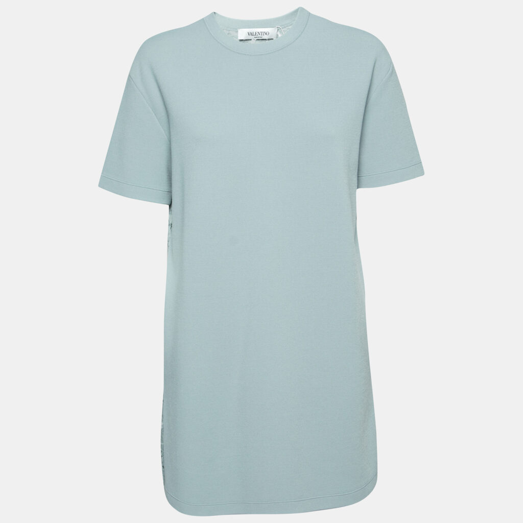 luxury-women-valentino-used-clothes-p664379-002-1 Valentino Powder Blue Knit & Lace Paneled Short Sleeve Dress M