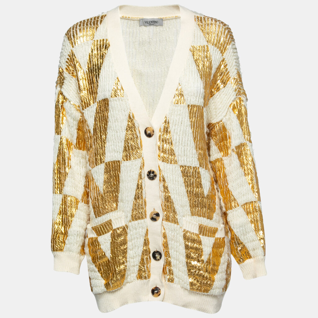 luxury-women-valentino-used-clothes-p759996-005 Valentino White & Gold Coated Wool Knit Oversized Cardigan XS