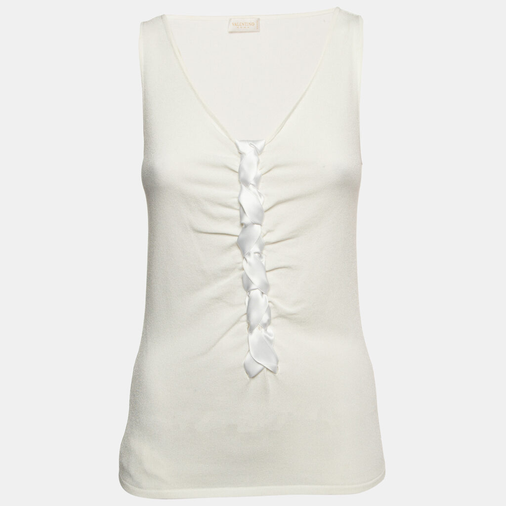 Valentino White Knit Braid Detailed Sleeveless Top M