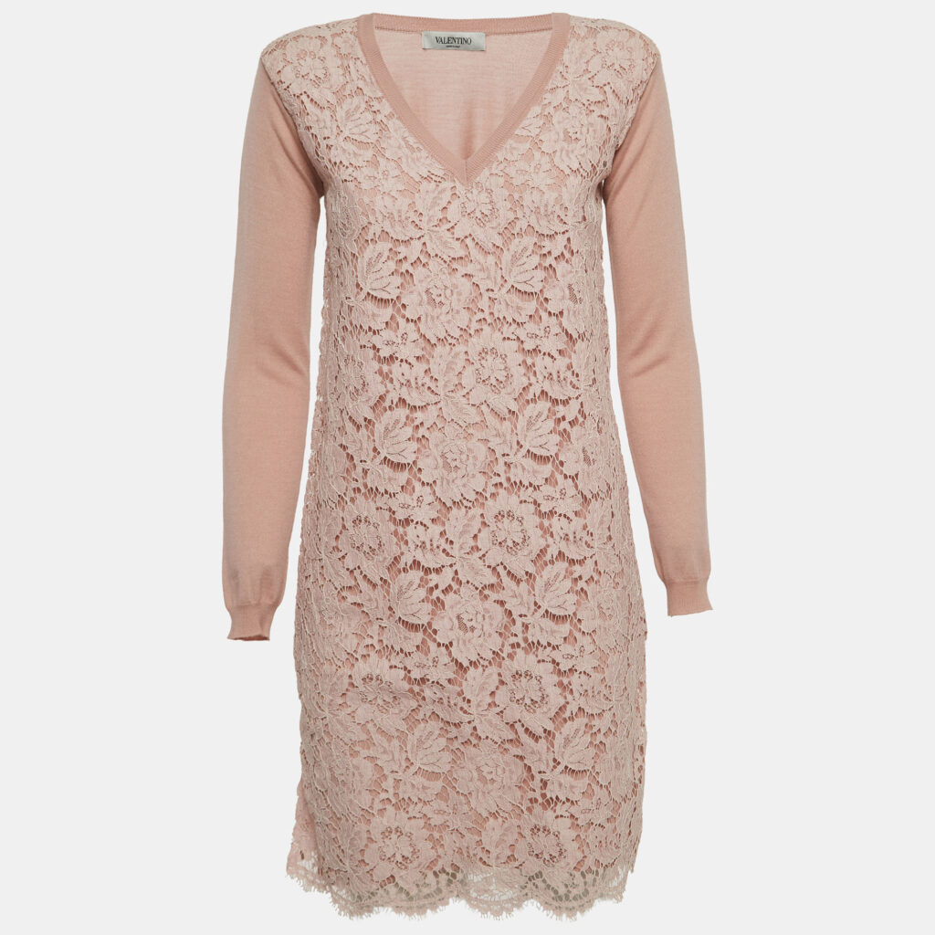 luxury-women-valentino-used-clothes-p912396-001 Valentino Pale Pink Floral Lace & Wool Knit Long Sleeve Dress S