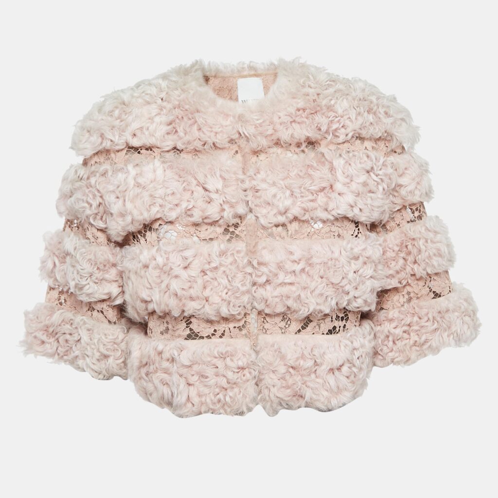 luxury-women-valentino-used-clothes-p931075-003 Valentino Light Pink Fur & Lace Short Sleeve Crop Jacket S