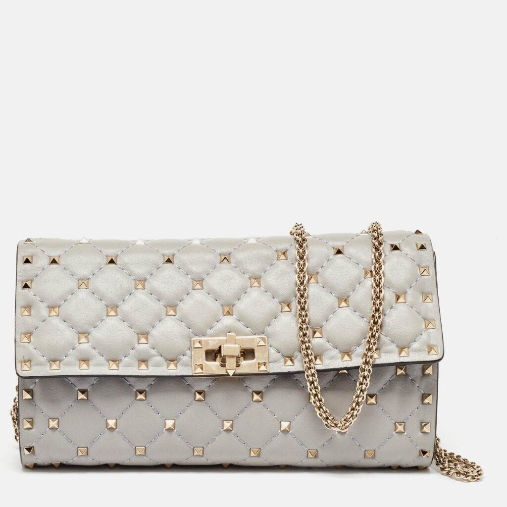 luxury-women-valentino-used-handbags-p1056459-014 Valentino Grey Leather Rockstud Spike Chain Shoulder Bag