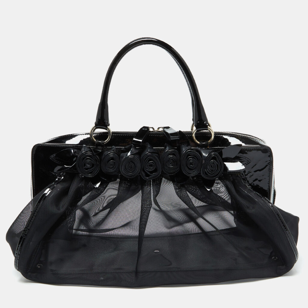 Valentino Black Mesh and Patent Leather Petale Rose Dome Satchel