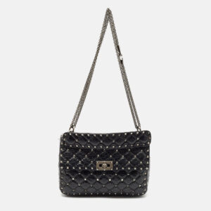 Valentino Black Quilted Crackle Leather Medium Rockstud Spike Top Handle Bag