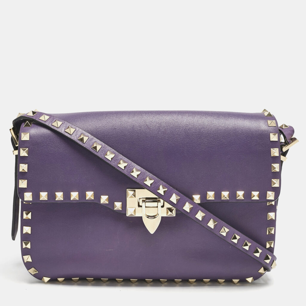 luxury-women-valentino-used-handbags-p1132000-014 Valentino Purple Leather Rockstud Flap Shoulder Bag