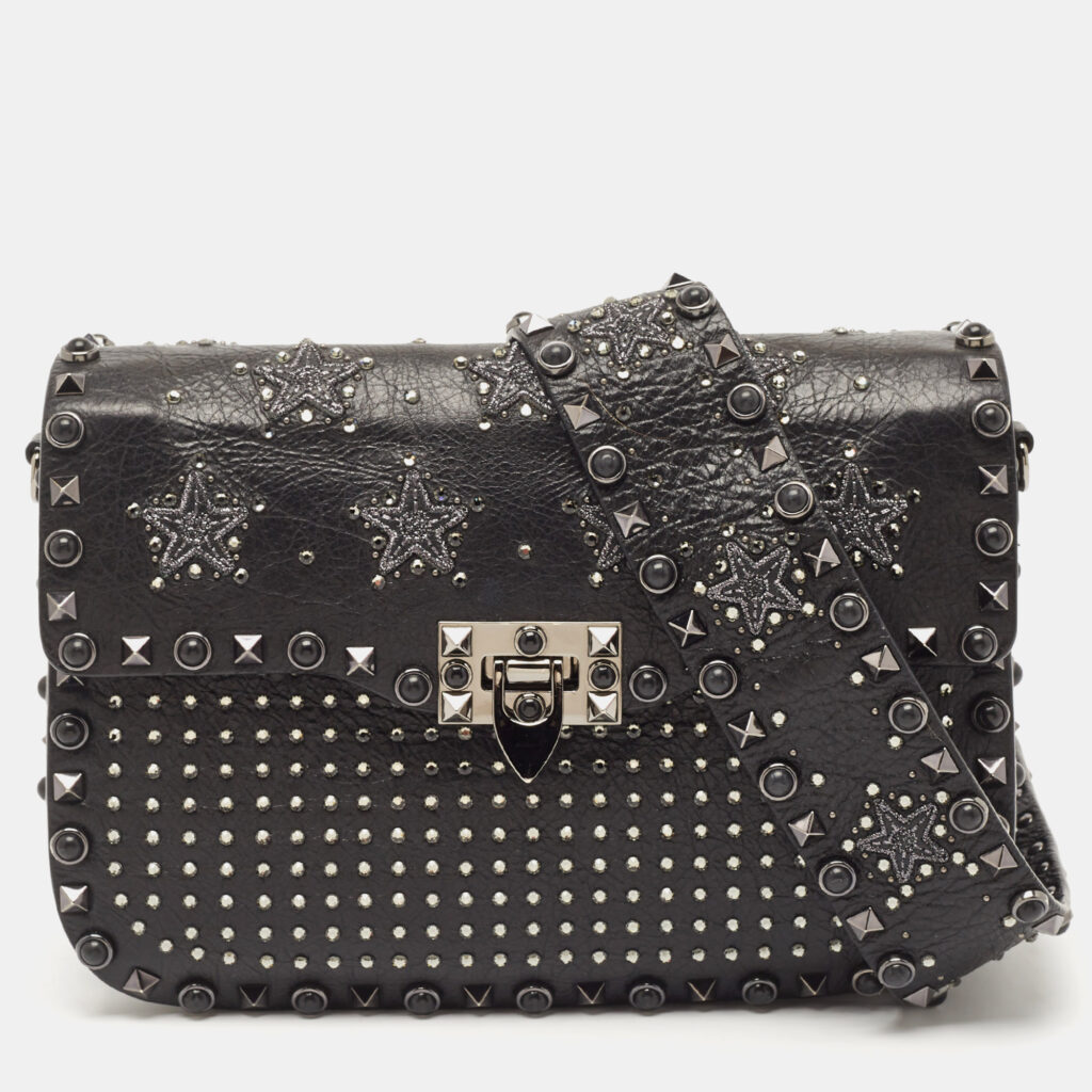 luxury-women-valentino-used-handbags-p1139421-009 Valentino Black Leather Medium Star Crystal Rolling Rockstud Shoulder Bag