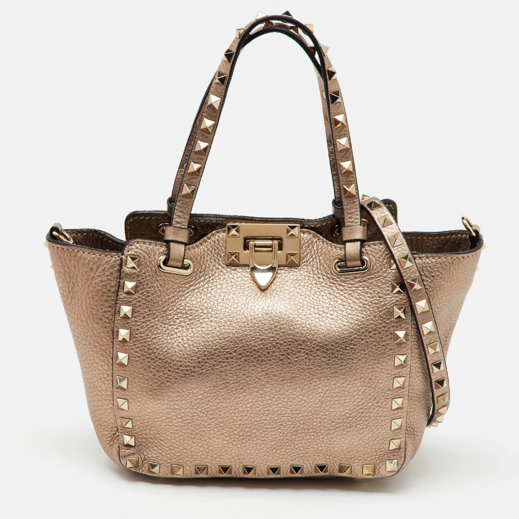 luxury-women-valentino-used-handbags-p1142937-014 Valentino Gold Leather Mini Rockstud Trapeze Tote