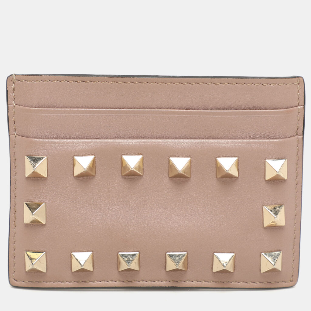 luxury-women-valentino-used-handbags-p1144728-001 Valentino Beige Leather Rockstud Card Holder