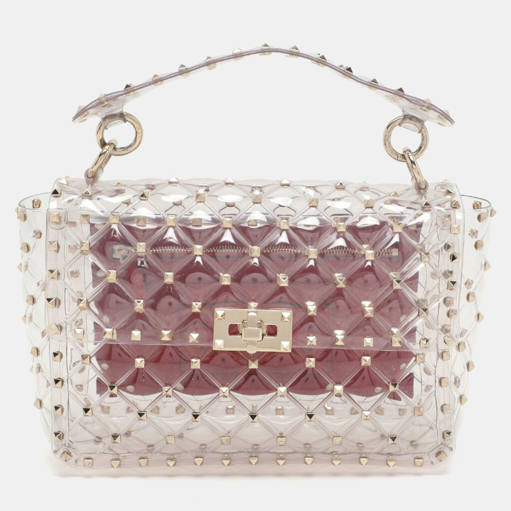 luxury-women-valentino-used-handbags-p1162336-014 Valentino Clear/Red PVC Medium Rockstud Spike Top Handle Bag