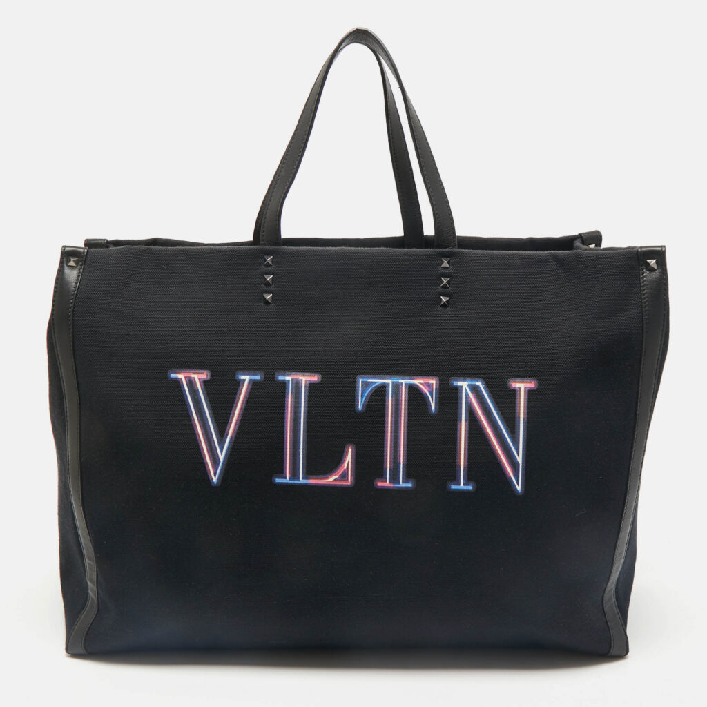 luxury-women-valentino-used-handbags-p1164485-011 Valentino Dark Blue/Black Canvas and Leather VLTN Weekender Tote