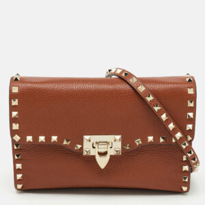 Valentino Brown Leather Rockstud Flap Crossbody Bag