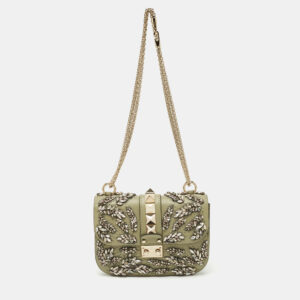 valentino olive green leather small rockstud glam lock crystals flap bag