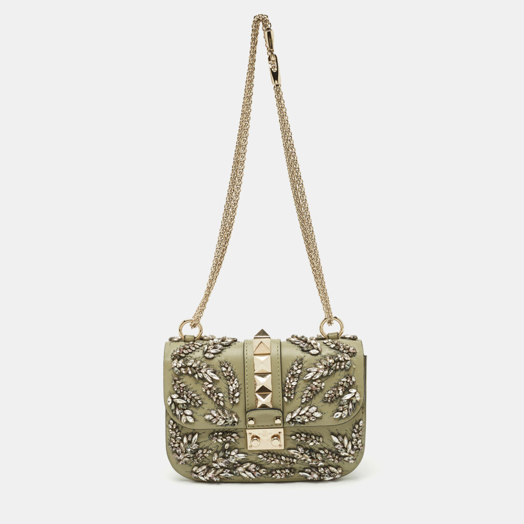 luxury-women-valentino-used-handbags-p1165334-012.jpg Valentino Olive Green Leather Small Rockstud Glam Lock Crystals Flap Bag