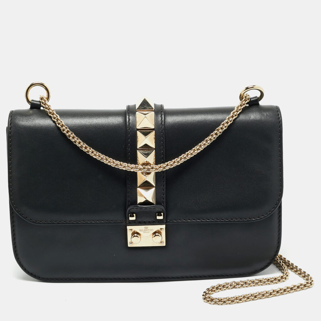 luxury-women-valentino-used-handbags-p1165858-012 Valentino Black Leather Medium Rockstud Glam Lock Shoulder Bag