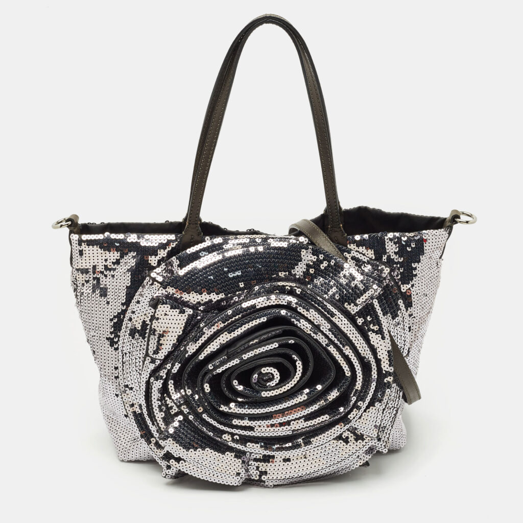 luxury-women-valentino-used-handbags-p1170521-011 Valentino Silver/Grey Sequins Rose Petal Shopper Tote