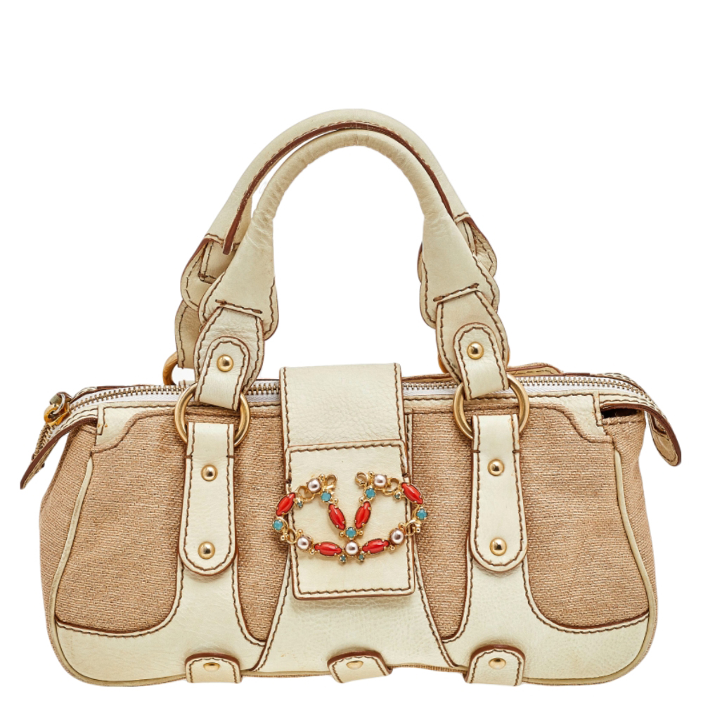 luxury-women-valentino-used-handbags-p564731-007-2 Valentino Cream/Beige Fabric And Leather VLogo Flap Shoulder Bag