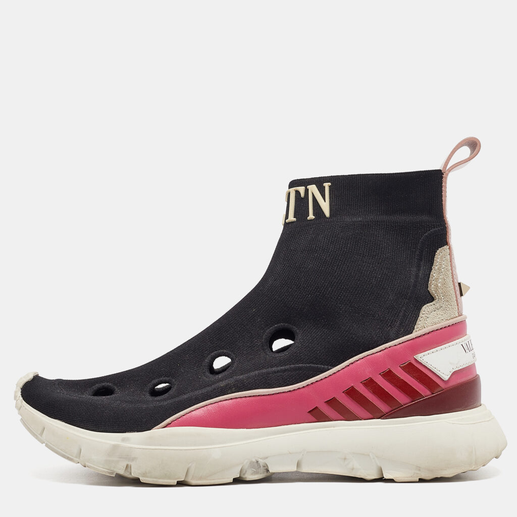 luxury-women-valentino-used-shoes-p1022553-001 Valentino Black/Pink Fabric and Leather VLTN High Top Sneakers Size 35