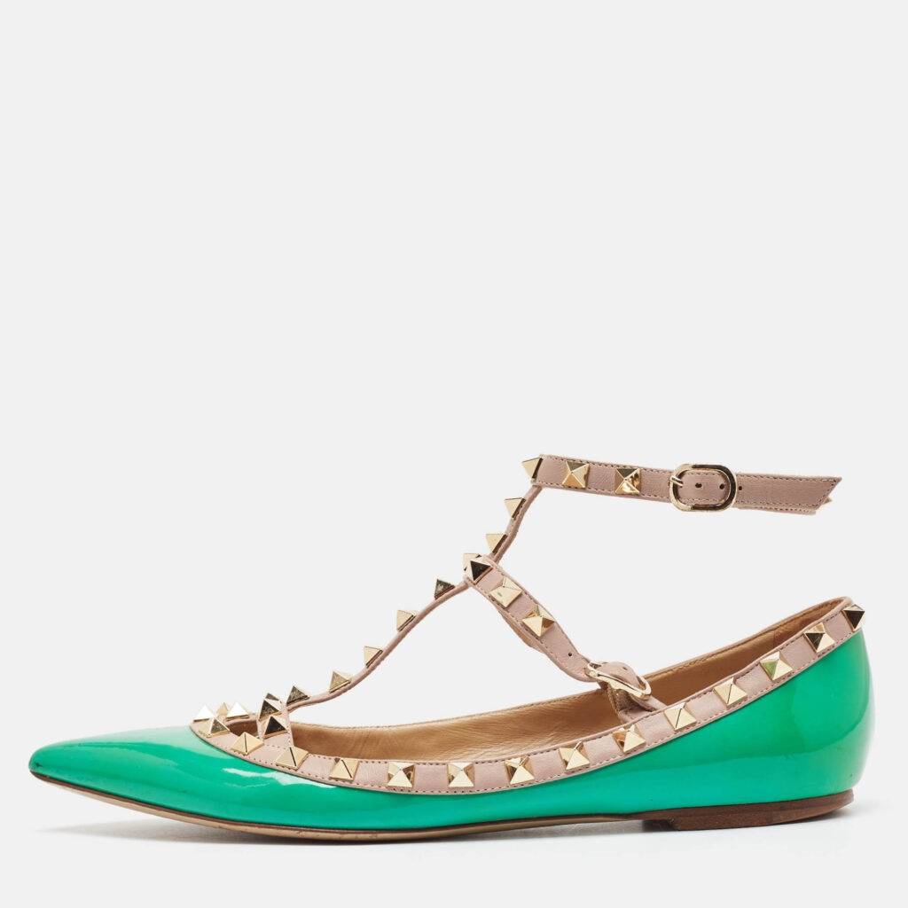 luxury-women-valentino-used-shoes-p1038400-010 Valentino Green/Beige Patent and Leather Rockstud Ballet Flats Size 38