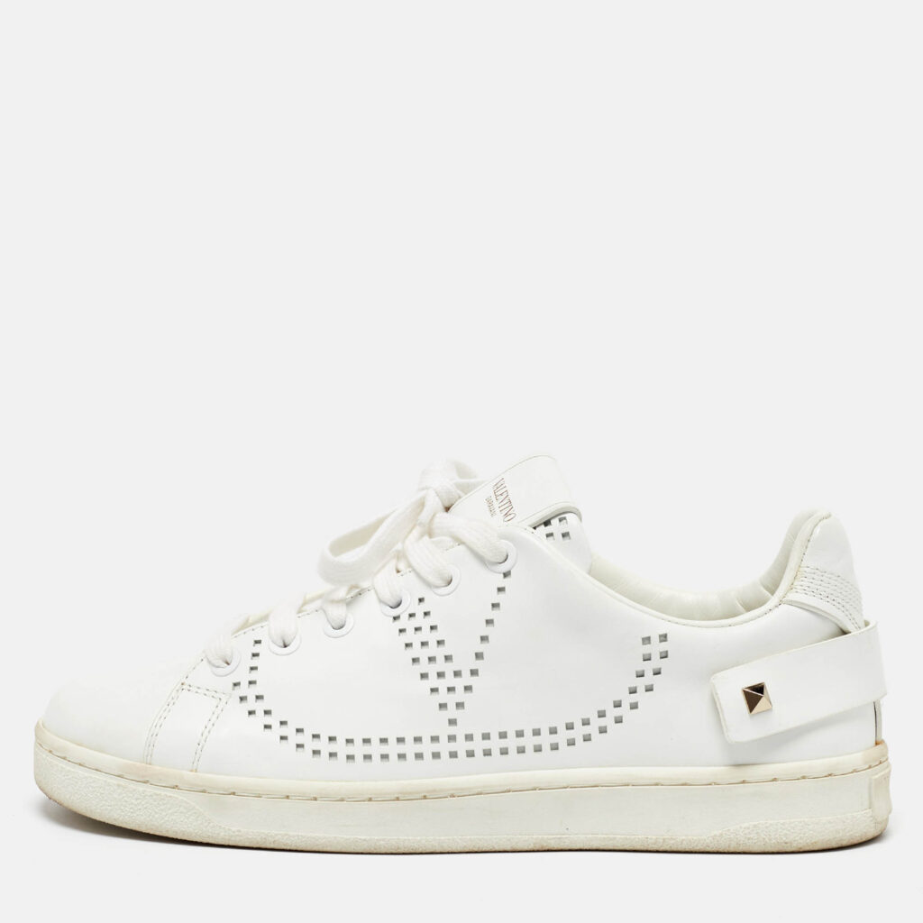 luxury-women-valentino-used-shoes-p1038484-011 Valentino White Leather and Feather Backnet Sneakers Size 35.5
