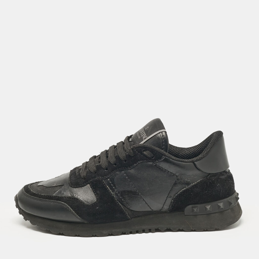 luxury-women-valentino-used-shoes-p1040768-003 Valentino Black Leather and Suede Rockrunner Low Top Sneakers Size 36