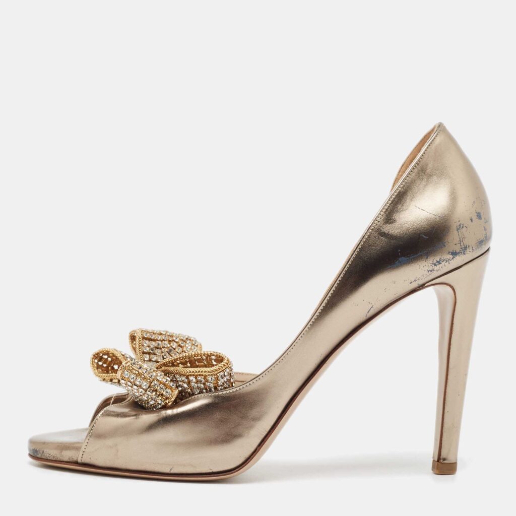 luxury-women-valentino-used-shoes-p1041905-003 Valentino Metallic Leather Crystal Embellished Bow D'orsay Pumps Size 37.5