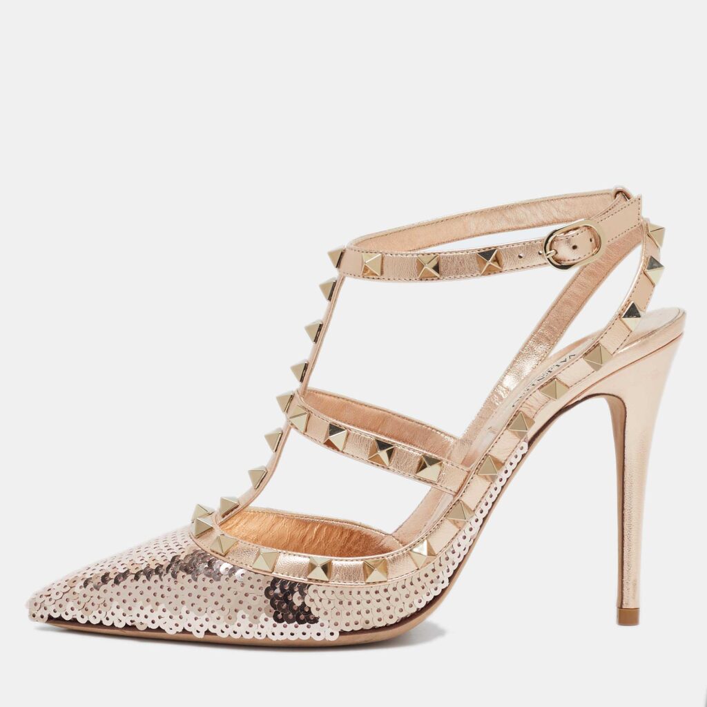 luxury-women-valentino-used-shoes-p1073621-001 Valentino Rose Gold Sequins and Leather Rockstud Ankle Strap Pumps Size 39