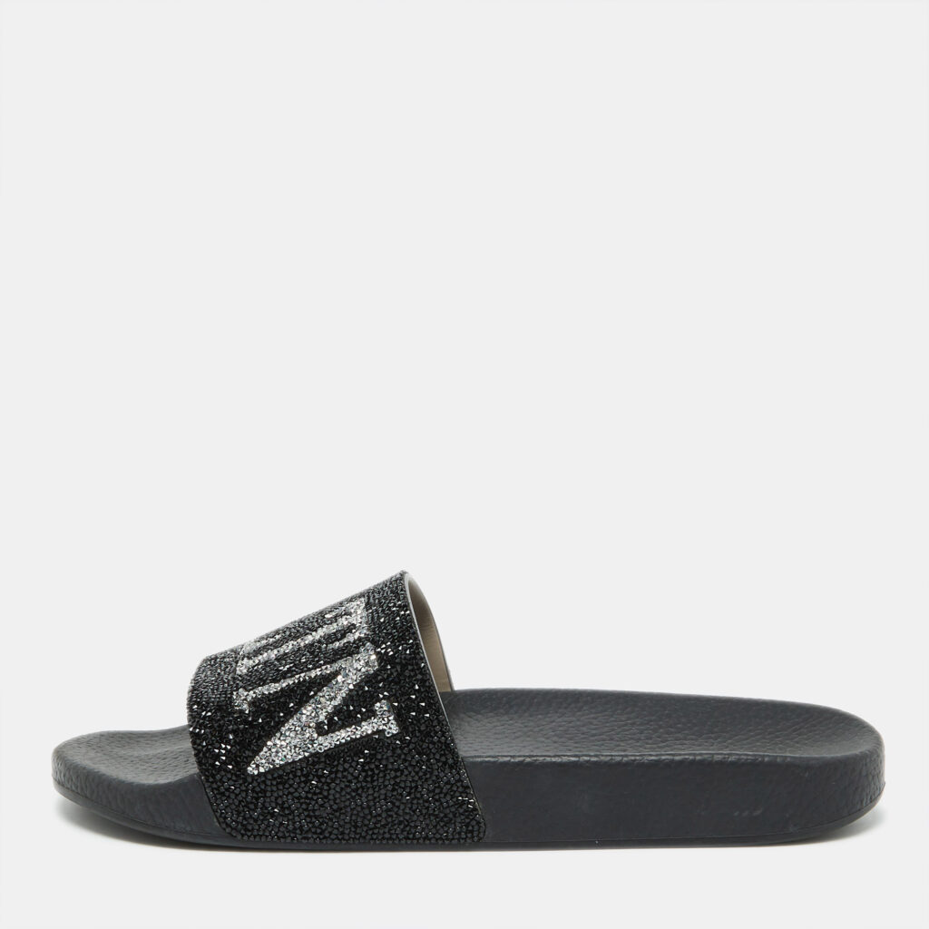 luxury-women-valentino-used-shoes-p1074920-001 Valentino Black Leather VLTN Crystal Embellished Flat Slides Size 39