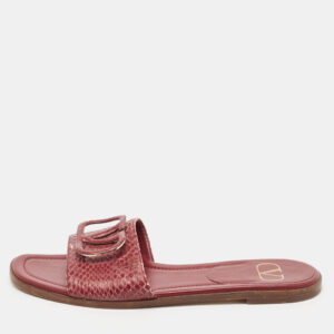 Valentino Burgundy Python Leather Escape V logo Flat Slides Size 38
