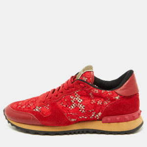 Valentino Red Suede and Lace Rockrunner Low Top Sneakers Size 37