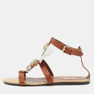 Valentino Brown Leather Flower and Leaf Strappy Flat Sandals Size 40.5