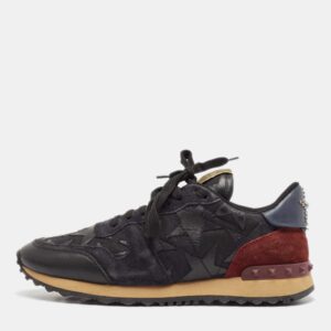 Valentino Black/Burgundy Leather and Suede Rockrunner Low Top Sneakers Size 40
