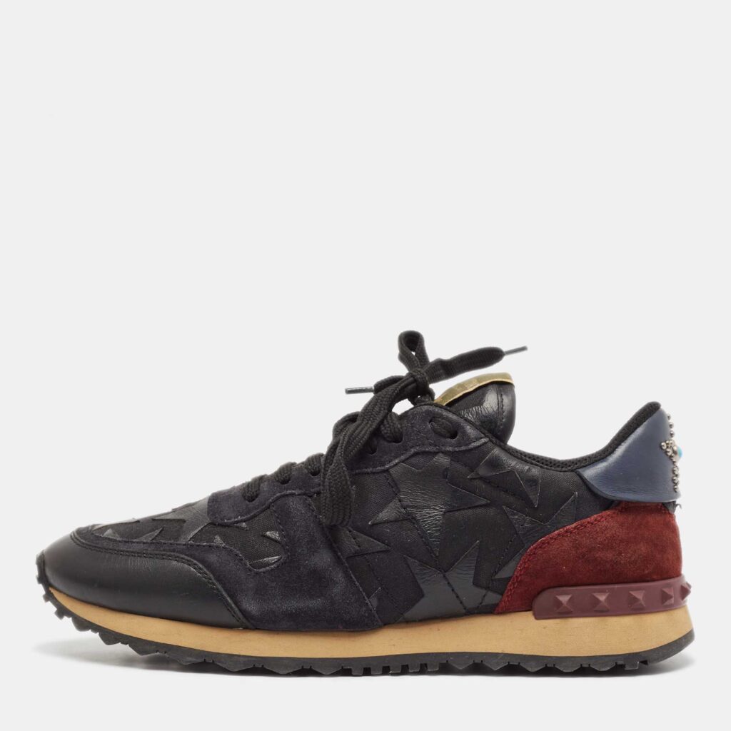 Valentino Black/Burgundy Leather and Suede Rockrunner Low Top Sneakers Size 40