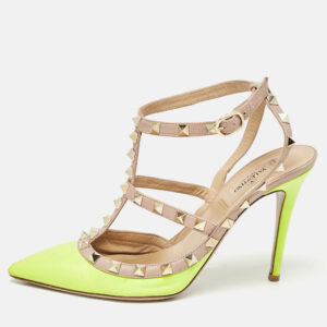 Valentino Green/Beige Pink Leather Rockstud Ankle Strap Pumps Size 38.5