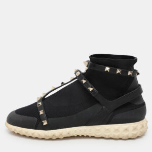Valentino Black Knit Fabric and Leather Rockstud Bodytech High Top Sneakers Size 38