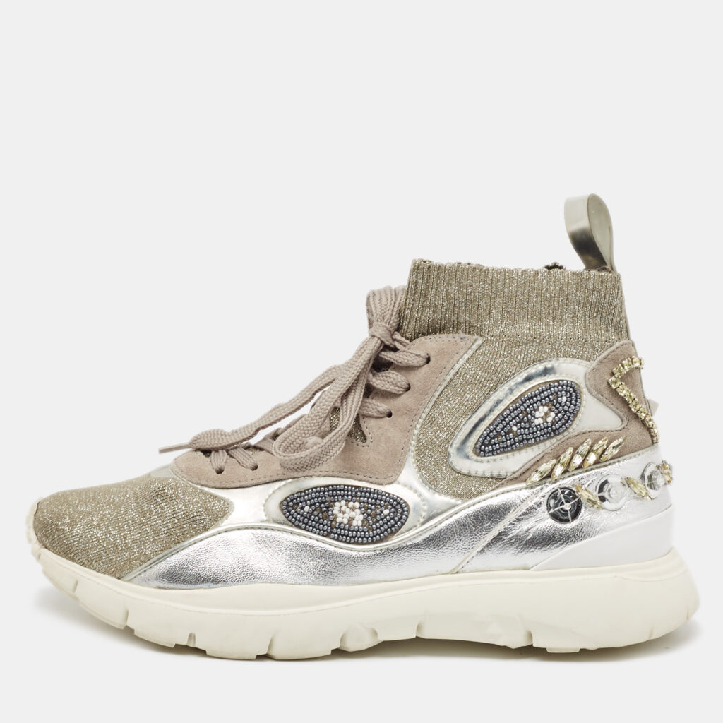 luxury-women-valentino-used-shoes-p1102817-001 Valentino Silver Knit Fabric and Leather Crystal Embellished High Top Sneakers Size 37.5