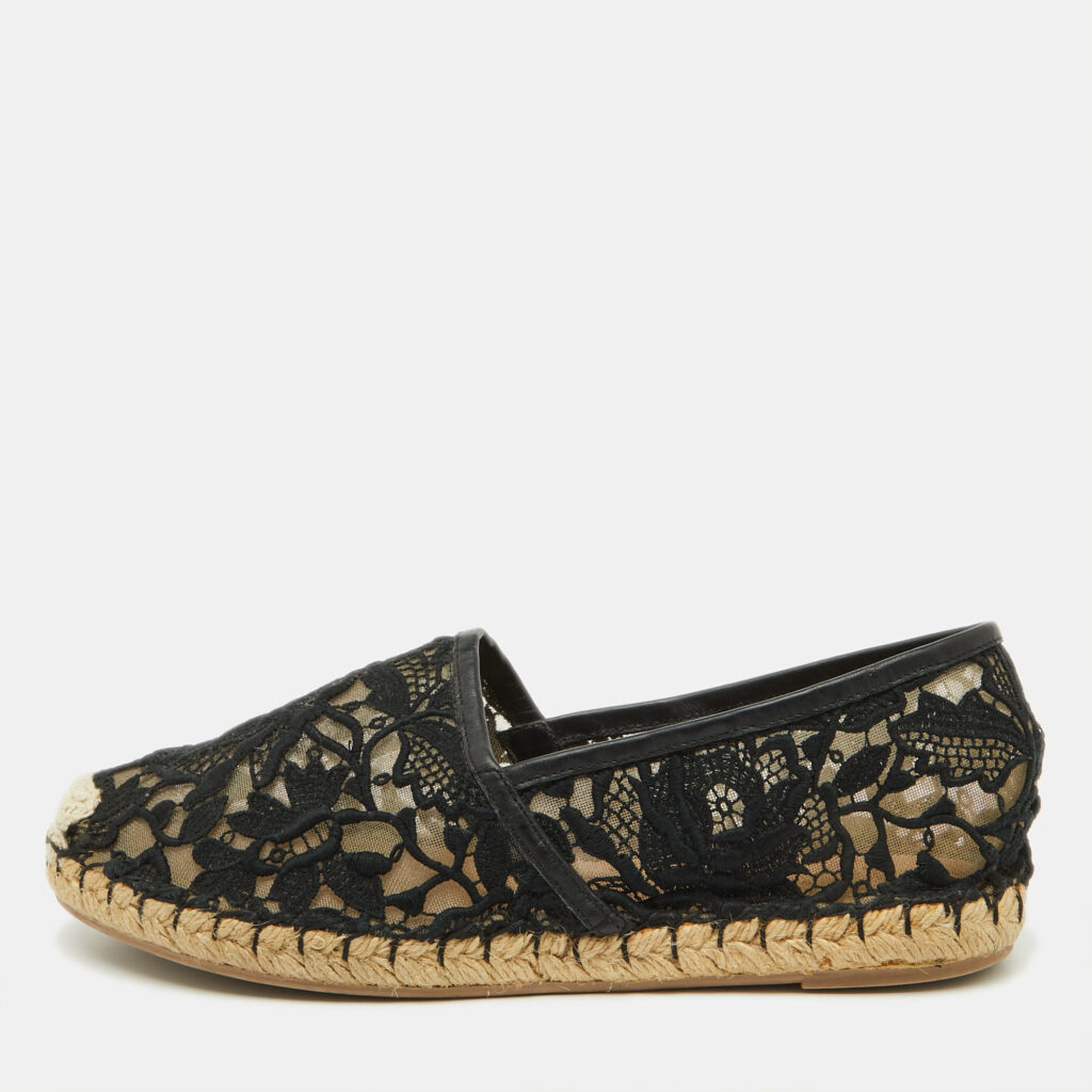 luxury-women-valentino-used-shoes-p1103890-001 Valentino Black Floral Lace Espadrille Flats Size 37