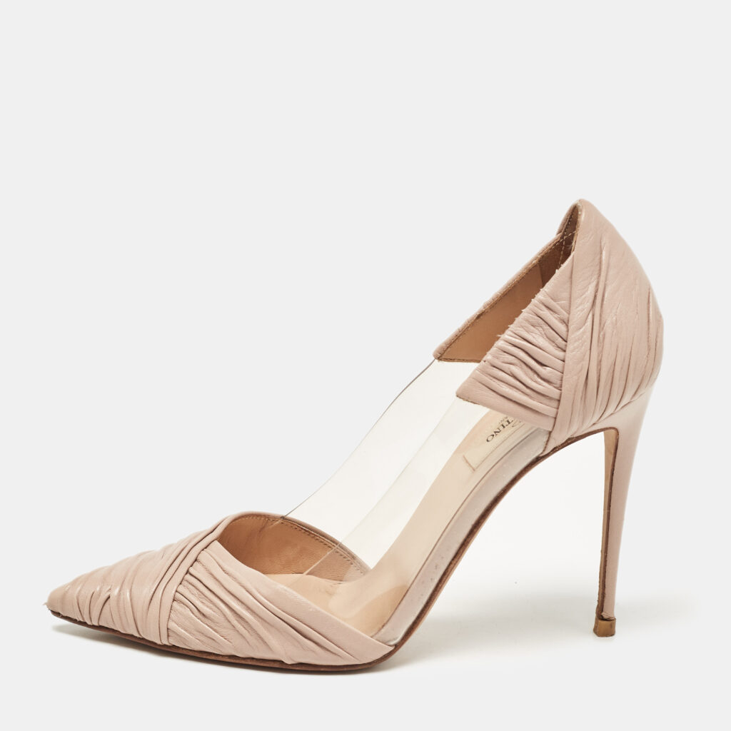 luxury-women-valentino-used-shoes-p1105030-003 Valentino Beige Leather and PVC B-Drape Pumps Size 38